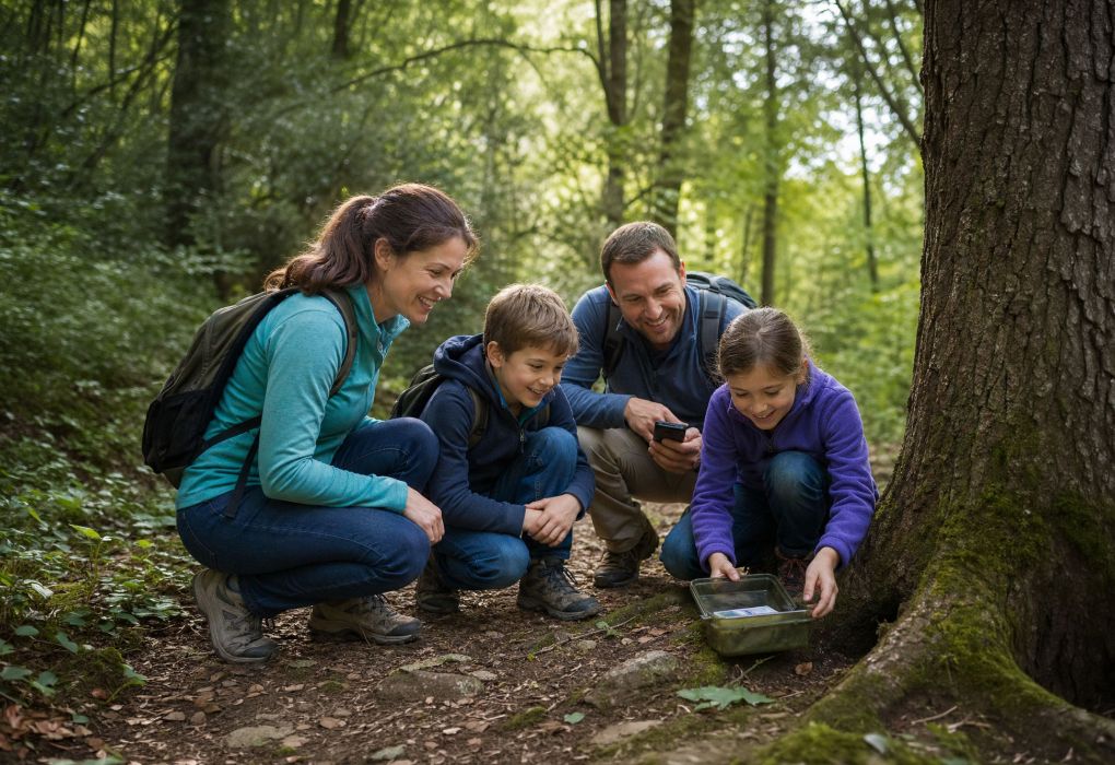 Erwachsene und Kinder knien im Wald und betrachten etwas am Boden neben einem Baum