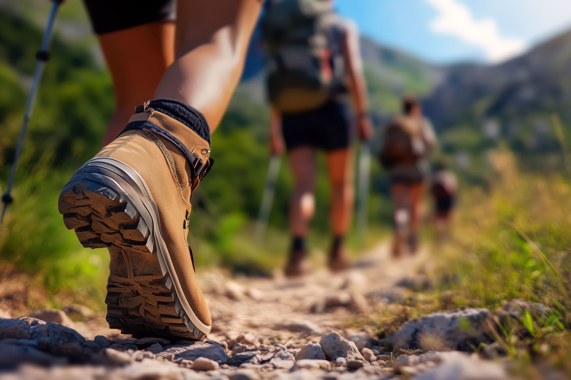 Wanderer in den Bergen auf steinigem Pfad