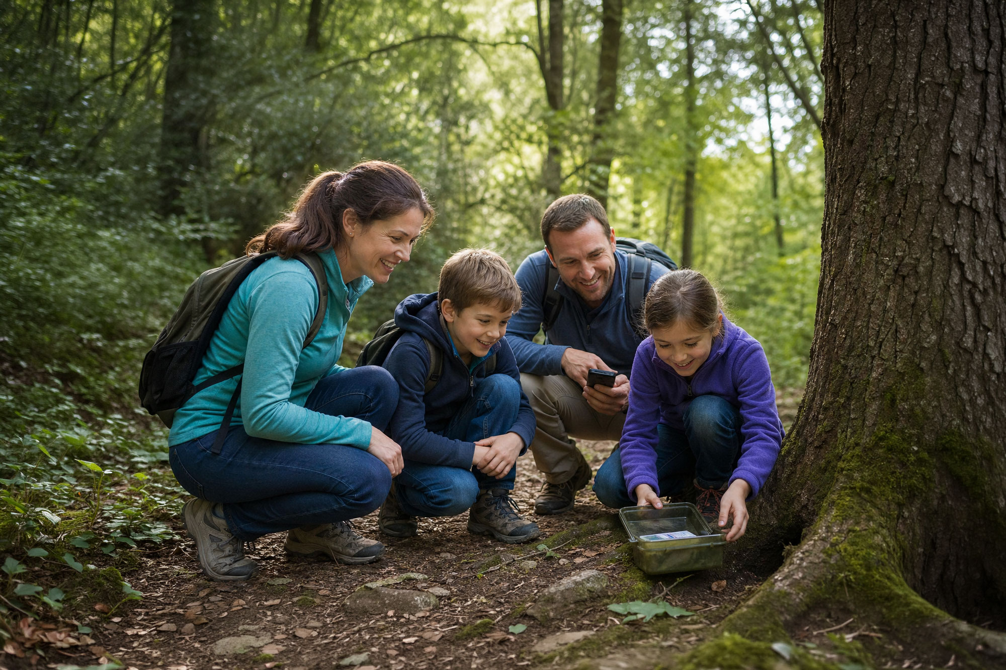 Erwachsene und Kinder knien im Wald und betrachten etwas am Boden neben einem Baum